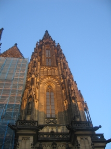 One of the cathedral towers lit by the sunset
