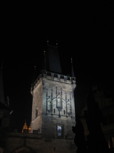 The eastern bridge tower at night