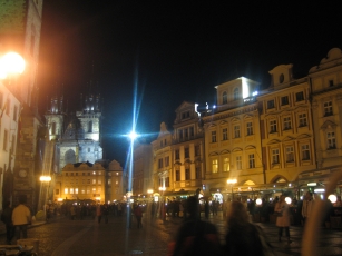The church and the hotels at night